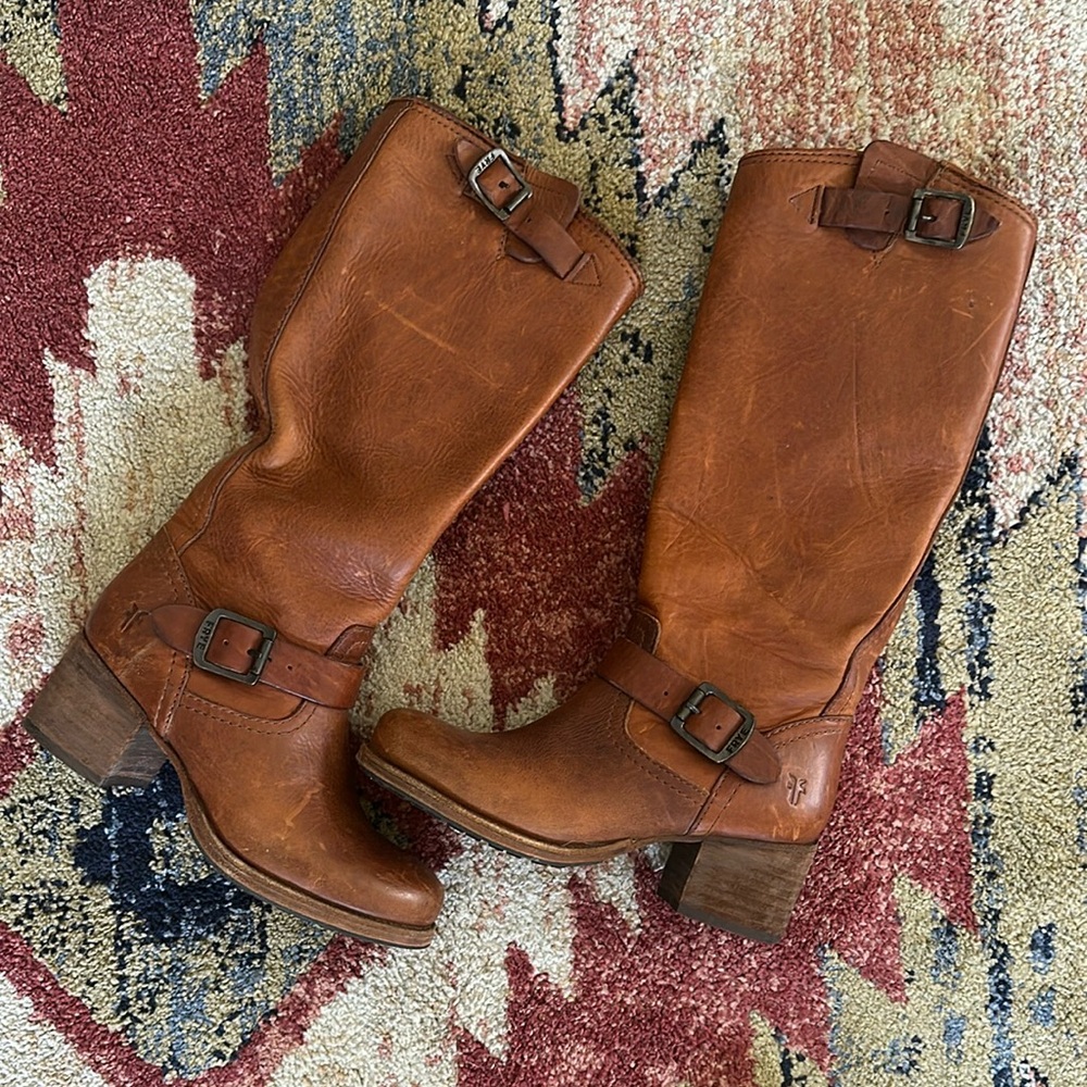 Frye Brown Heeled Boots with Buckle Details